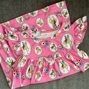 5T Pink Horse & Rider, Flowered, Ruffle Sleeve Swing Dress, “Milk Silk”